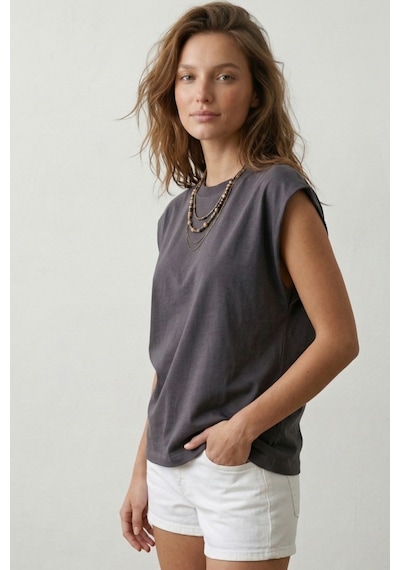 Elemge %100 Pamuk Süprem Tok Kumaş Kadın Oversize Antrasit T-shirt Geniş Omuzlu Dökümlü Kolsuz Bol Kalıp