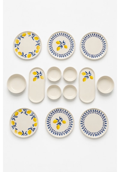 Mavi Limon 14 Parça 6 Kişilik Handmade Stackable Seramik Tabak Seti Premium Sunum & Kahvaltı Takımı Beyaz