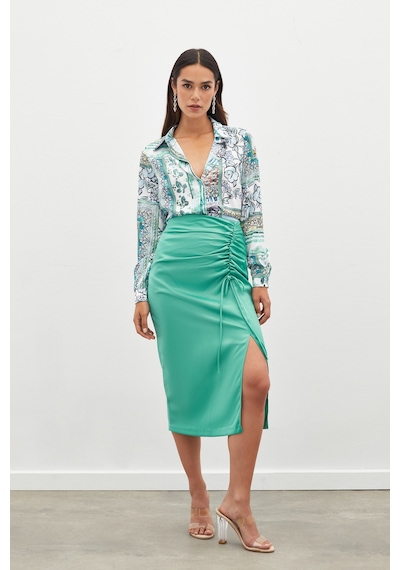 Sateen Büzgü Detaylı Saten Etek - Mint Mint Yeşili