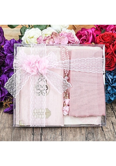 Hediyelik Kadife Kaplı Yasin Kitabı, Seccade, Şal, İnci Tesbih, Asetat Kutulu 26 23 Set-pembe