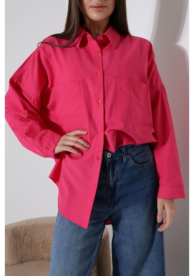 Yeni Sezon Poplin Kumaş Çift Cepli Oversize Pamuklu Kadın Tunik Gömlek Fuşya