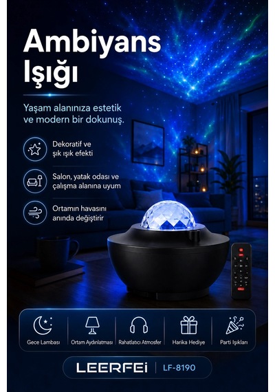 Uzaktan Kumandalı Yıldızlı Gökyüzü Projektörü Gece Lambası Ambiyans Işıklı Çok Renkli
