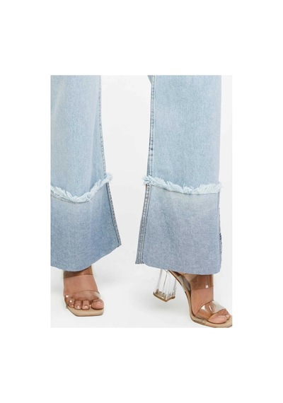Kene Jeans Yüksek Bel Taş Yıkama Ters Paça Püskül Detaylı Kot Jeans Taş Yıkama