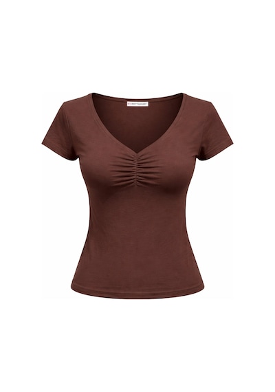 Mixray 2080 Kadın V Yaka Büzgü Detaylı Kısa Kollu Basic T-shirt Kahve Kahverengi