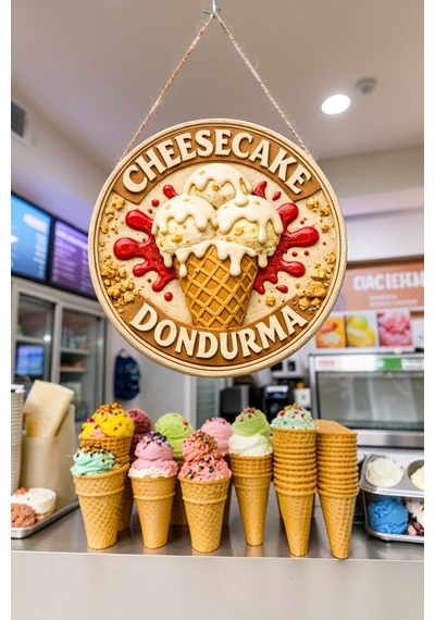 Cheesecake Dondurma Görselli Ahşap İpli Kapı Duvar Süsü Pastane Vitrin Reklamı