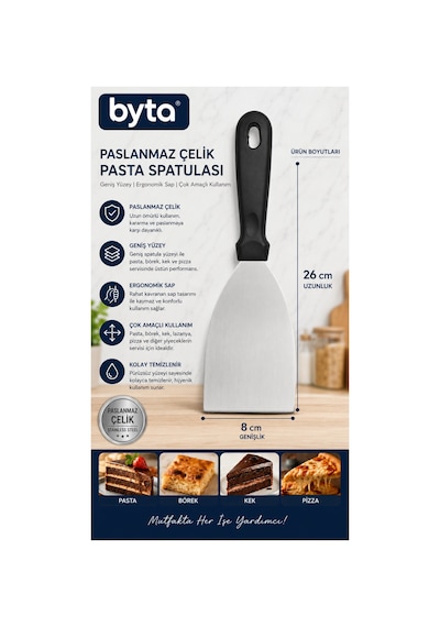 Paslanmaz Çelik Pasta Spatulası 26x8 Cm Geniş Pasta, Börek, Kek Ve Pizza Servis Küreği Siyah