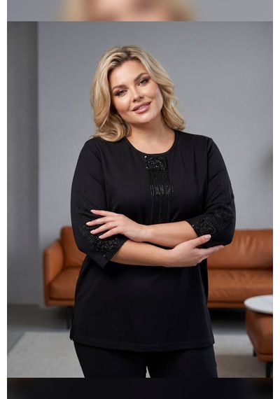 Hermevsim Wearon Kadın Tiana Kapri Kol Nakışlı Taşlı Penye Siyah Bluz
