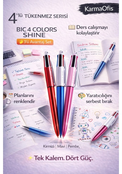 4 Colors Shine 3'lü Set-2 Tükenmez Kalem 4 Renkli Kalem Mavi, Siyah, Kırmızı, Yeşil Cok Renkli2