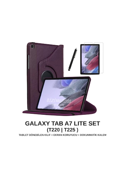 Samsung Galaxy Tab A7 Lite Sm T220 T225 Dönebilen Tablet Kılıfı + Ekran Koruyucu + Kalem Set 8.7 Inç Arka Kapak