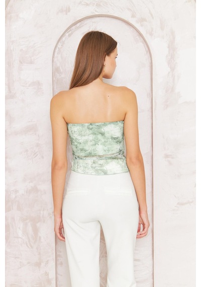 Darlin Moda Kadın Yeşil Desenli Astarlı Tül Straplez Bluz Dm7006 Yeşil