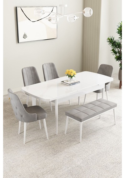 Clara Beyaz 80x132 Açılabilir Mdf Masa Yemek Odası Takımı,mutfak Takımı 4 Sandalye 1 Bench Gri Clara Beyaz 80x132 Açılabilir Mdf Masa Yemek Odası Takımı,mutfak Takımı 4 Sandalye 1 Bench Gri