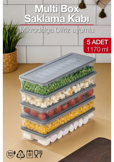 Multi Box 5 Li Set Saklama Kabı Seti - Dondurucu & Mikrodalga Uyumlu Gri