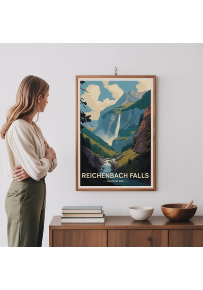 Reichenbach Şelaleleri İsviçre Seyahat Posteri Manzaralı Alp Doğası Sanatı