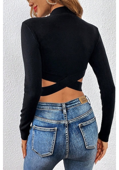 Beru Kadın Siyah Çapraz Bel Detaylı Dik Yaka Uzun Kol Crop Top Bluz L - XL