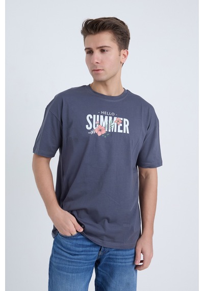 Velvoria Unisex Oversize Relaxed Summer Baskılı Antrasit Renk T-shırt