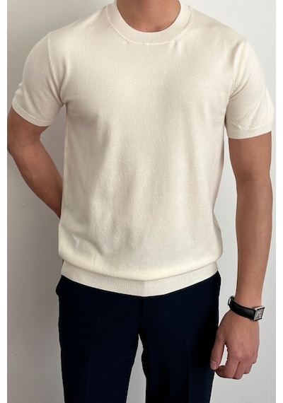 Tarz Cool Erkek Slim Fit Bisiklet Yaka Triko T-shirt Beyaz