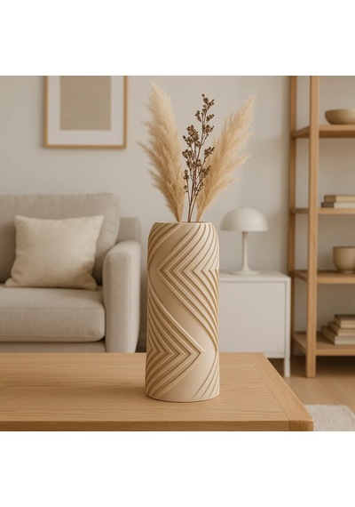 3d Baskı Vector Vazo - Geometrik Çizgili Dekoratif Vazo-bej Çok Renkli