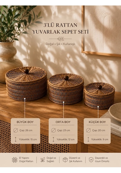 Morponi 3'lü Set Kapaklı Hasır Saklama Kutusu Yuvarlak Rattan Düzenleyici Sepet Mn-1715-s Sarı