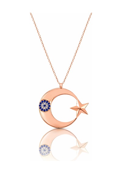 Çekirdekjewelry 925 Ayar Gümüş Ay Yıldız Kolye Nazar Boncuk Taşlı, Parlak Rose Kaplama Pembe