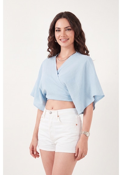 Lela Pamuklu Comfort Fit Bağlamalı Yarasa Kol Bolero Kadın Bolero 5866354 Mavi