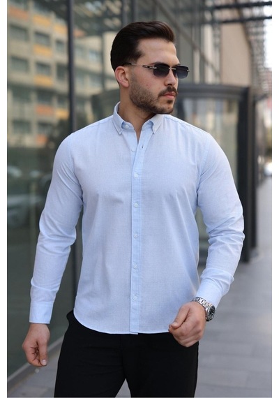 Baselco Premum Dik Yakalı Slim Fit Keten Görünümlü Gömlek A.mavi
