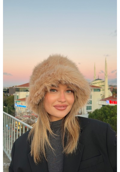 Mollycrush Luxury Kadın Camel Uzun Tüylü Suni Kürklü Peluş Rus Slav Tarzı Bucket Kalpak Şapka Camel