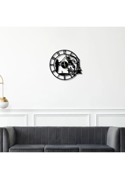 Metal Duvar Saati Gone Fishing Vinil Balıkçı Detaylı Dekoratif Saat Siyah-52 X 52
