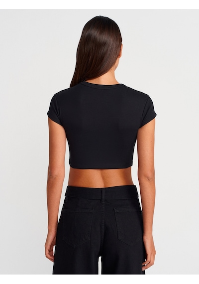 Dilvin 31810 Bisiklet Yaka Crop T-shirt-siyah Siyah