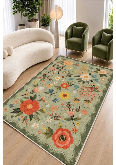 STY Home Yeşi Çiçekli Dijital Baskı Halı Kaymaz Tabanlı Yıkanabilir Halı Yolluk Salon Halısı140 Yeşil