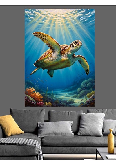 Okyanus Derinliklerinde Yüzen Deniz Kaplumbağası Dekoratif Kanvas - Mdf Ahşap Tablo