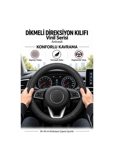 Trobus Skoda Fabia 2022-2025 Uyumlu Dikmeli Direksiyon Kılıfı Vinil Antrasit