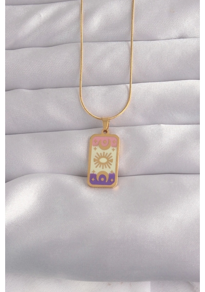 316l Çelik Gold Renk Karışık Mineli Ay Figür Tarot Kolye Çok Renkli