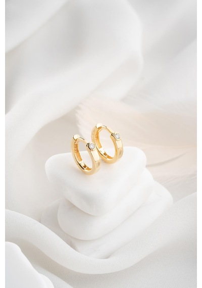 925 Ayar Gümüş Gold Kaplama Tektaş Detay 15 Mm Halka Küpe Altın