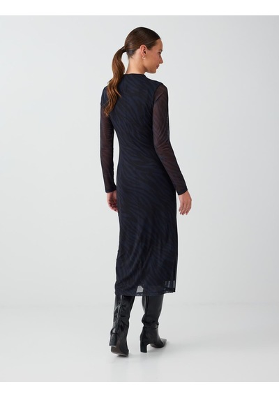 Jimmy Key Lacivert Zebra Desenli Sıfır Yaka Mesh Midi Elbise 6ww069107494