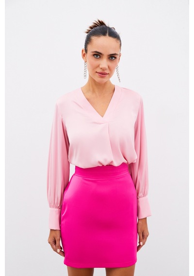 Sateen V Yaka Saten Bluz - Pembe-134907 Pembe