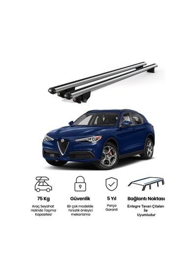 Kanca Alfa Romeo Stelvio 2017 Ve Sonrası Uyumlu Gri Kilitli Ara Atkı 120cm Port Bagaj Tavan Barı