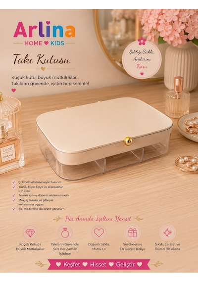 30 Bölmeli Takı Kutusu Düzenleyici Seyahat Çantası Kolye Yüzük Küpe Organizer Krem 18cmx12,5cm