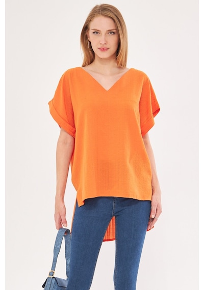 Armonika Kadın Turuncu V Yaka Yanları Yırtmaçlı Arkası Uzun Duble Kol Detaylı Oversize Bluz Arm-24y001074
