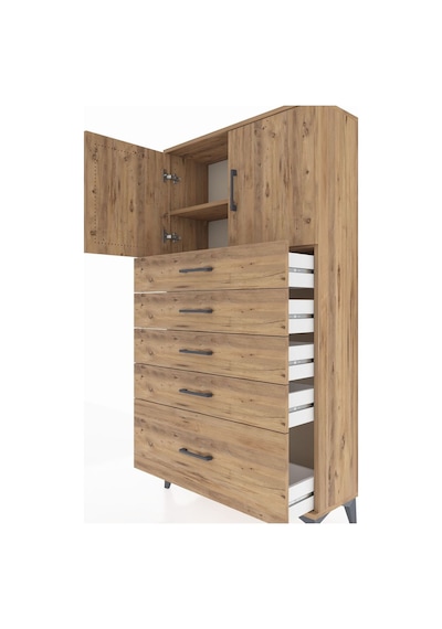 Arges Dolap 2 Raflı 5 Çekmeceli 2 Kapaklı 88x30x163 Çam-çam Çam