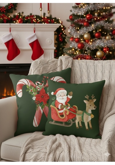 Çift Taraflı Dijital Baskı Fermuarlı Noel Baba Geyiği 2'li Yastık Kılıfı, Kırlent Kılıfı 43x43 Cm Çok Renkli