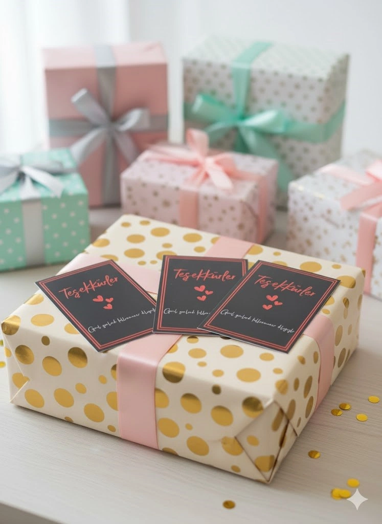 50 Adet Çizgi Detaylı Teşekkür Kartı - 5 Model - Paketleme Kartı - 9x6cm Kalın Parlak