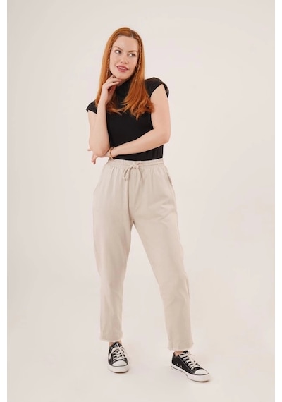 Defymoda Cepli Belden Bağlamalı Paça Detaylı Krem Pantolon Krem