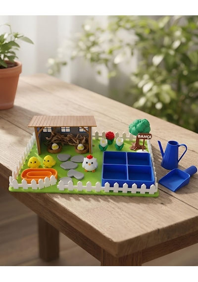 Kutpia Mini Bahçe Çocuk Oyun Ve Eğitim Seti 25x19cm - Sevimli Tavuklar Mavi