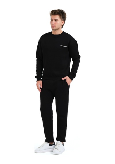 Justever Bisiklet Yaka Nakışlı Şardonlu İçi Polarlı Siyah Erkek Sweatshirt - Volar Siyah