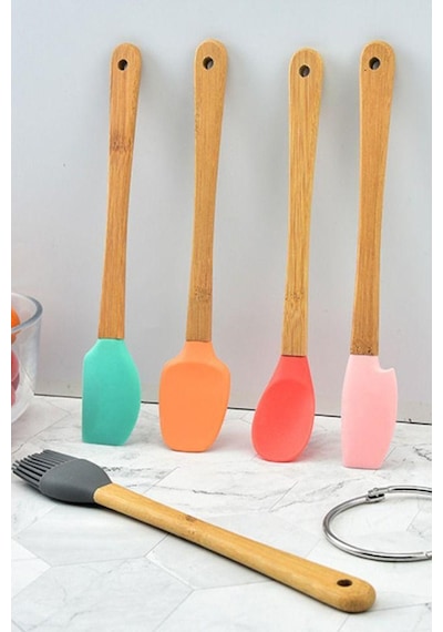 Thentech 5'li Silikon Servis Spatulası Yumurta Sürme Fırçası Silikon Kaşık Tahta Saplı Hijyenik Set Kahverengi