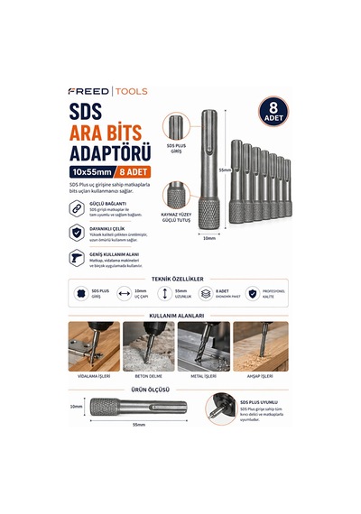 Sds Plus 8 Adet 10x55 Mm Ara Bits Adaptörü Matkap Uç Dönüştürücü