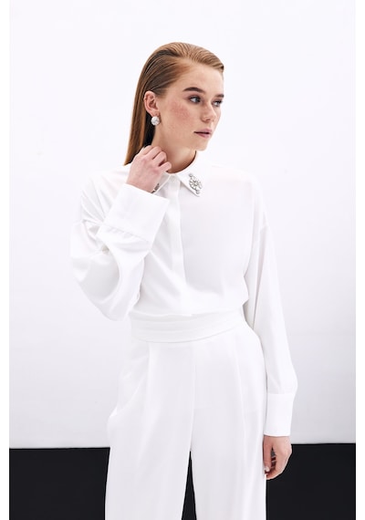 Sateen Aksesuar Detaylı Gömlek - Ekru-135824 Ekru