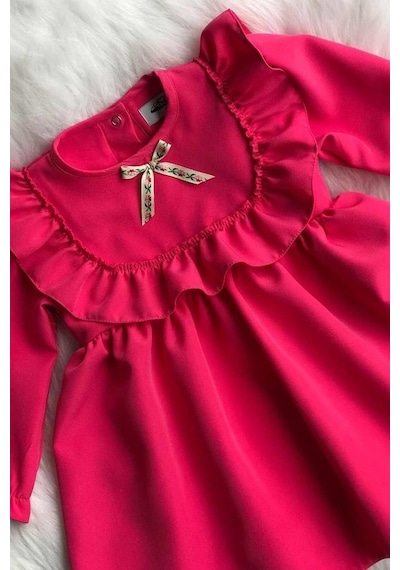 Fırfır Ve Kurdele Detaylı Tasarım Şeker Pembe Kız Çocuk Bebek Elbise 001