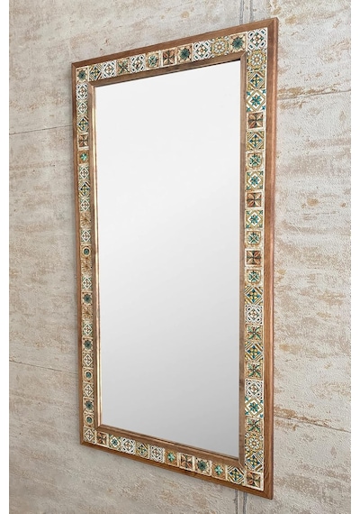 Oscar Stone Decor Ahşap Çerçeveli Mozaik Taş Mermer Ayna 63x123 Cm Seramik Desenli Kahverengi Genel