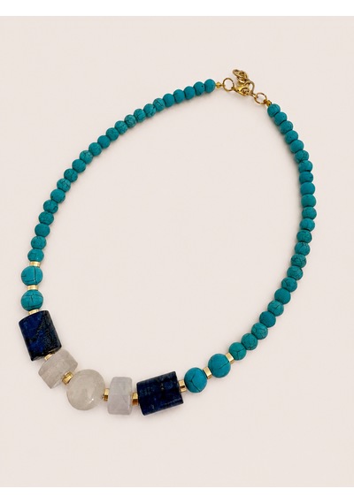 El Yapımı Doğal Firuze, Lapis Lazuli Ve Beyaz Akik Taşlı Kolye Mavi 